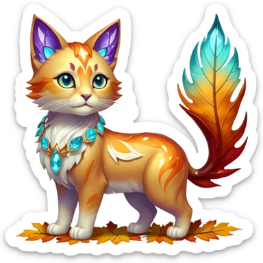 This fascinating hybrid creature combines the crystalline structure of a feline with the warm autumn foliage of a leaf being. Its core body maintains the sleek shape of a cat but is composed of translucent crystals that shift between turquoise blue and amber-orange hues. The creature's face features a blend of feline features with the gentle expression of the leaf being – sharp crystalline ears frame a round, friendly face with glowing purple-amber eyes. Most striking is how autumn leaves emerge from its crystalline body, forming a mane-like collar around its neck and sprouting along its spine and tail. These leaves shimmer with both crystalline properties and natural autumn colors – orange, gold, and deep red – with visible veining that occasionally pulses with energy. When the creature moves, the leaves rustle softly while the crystal body catches light, creating a mesmerizing display of nature and gemstone elements. full body sticker