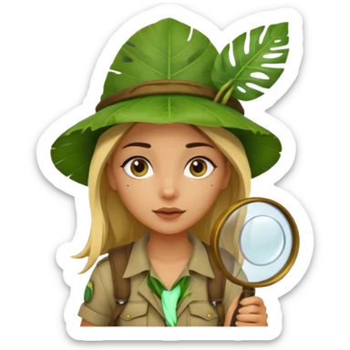 a young female explorer with jungle wearing a large leaf headgear bye and magnificer glass sticker