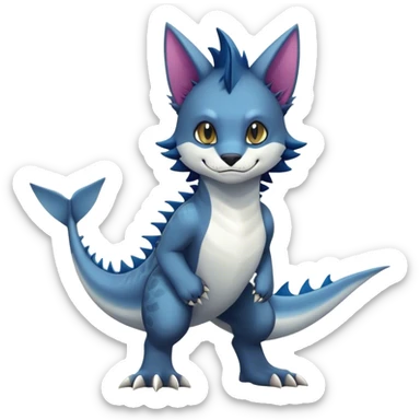 Kawaii dark edgy fantasy feline-vernid-sergal-fursona animal creature with a shark-tail with tufted ears full body with cool sharp markings  sticker