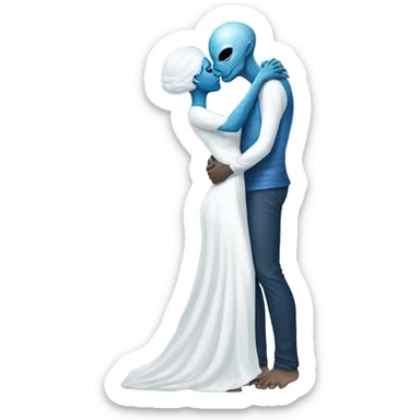 Alien reptilian woman in white dress hugs and kissing "white male human man" in blue dress sticker