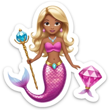 Brown skin blonde hair barbie mermaid with pink diamond tail and wand  sticker