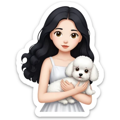 A beautiful girl with long black hair wearing a white dress holds a small white Bichon Frise in her arms sticker