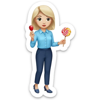 female smart light blue blouse, dark trousers, shoes. one hand holding a lolly sticker