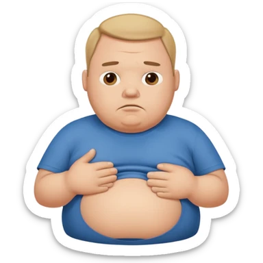 a cartoon fat man holding his stomach wearing t shirt, while looking confused? dont show nipples sticker