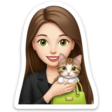 White Woman with VERY long straight brown hair, rosy lips, chartreuse eyes, cute happy big smile holding a white and brown tabby kitten, wearing a black purse sticker