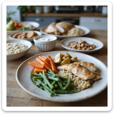 hyperrealistic 4K table with separate plates for 2000 calorie diet: breakfast with porridge, pear, nuts; lunch with turkey, rice, carrots; dinner with mackerel, potatoes, green beans; snacks with Greek yogurt, apple, hazelnuts. Plates labeled with calories, modern kitchen atmosphere sticker