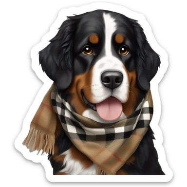 A Bernese mountain dog wearing a Burberry scarf sticker