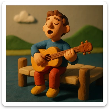 person sitting on a dock singing a song, claymation style sticker