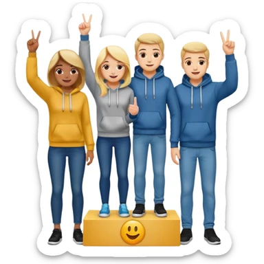 three people in jeans and hoodies on a winners podium with no numbers, middle step higher, center person holds up one finger on each hand, bright cheerful expressive emoji illustration sticker