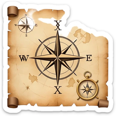A simple treasure map with an X marking the spot, weathered edges, compass rose in the corner sticker