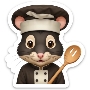 A rat with a fringe, long black hair and chefs hat sticker