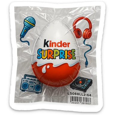 Kinder Surprise egg with standard packaging, toys including microphone, boombox, headphones, DJ setup, glossy and puffy vacuum-sealed style sticker