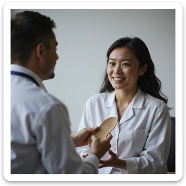 realistic 4K woman consulting orthopedist, first showing orthotic insole with hopeful expression, then explaining temporary benefit with uncertain expression sticker