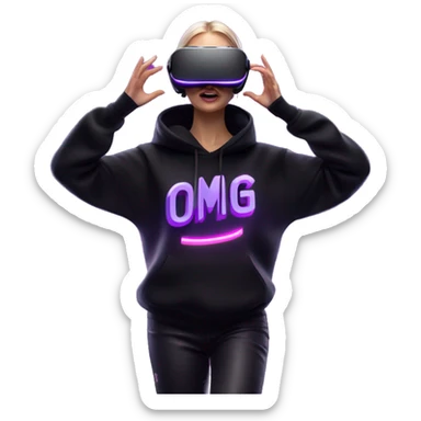 Russian girl wearing black hoody with violet letters "OMG", in vr headset oculus quest2. Dancing. Cyberpunk style. Violet neon. sticker
