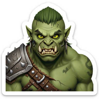 Cinematic Realistic WoW Orc Warrior Portrait, head tilted dramatically with an exaggeratedly amused expression, blending raw, primal might with a touch of unexpected humor. His battle-scarred green skin, robust muscles, and intricately detailed tribal armor in deep, earthy tones are rendered with lifelike texture and dynamic lighting, high shine, dramatic yet whimsical, capturing an orc warrior whose epic strength is matched by a playful, irreverent charm. sticker