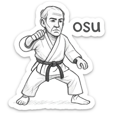 Make the Kyokushin martial artist older with visible age and mature features, change to the 'osu' position, keep the white gi, black belt, and 'osu' text in the same hand-drawn style. sticker