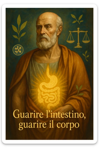 Vertical format: Portrait of Hippocrates with a glowing aura on the abdomen, symbols of intestinal balance, Italian text: 'Guarire l’intestino, guarire il corpo.' sticker