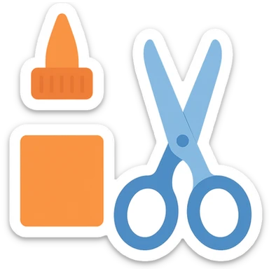 bottle of glue with orange label and tip and a pair of blue scissors, flat toon vector illustration sticker