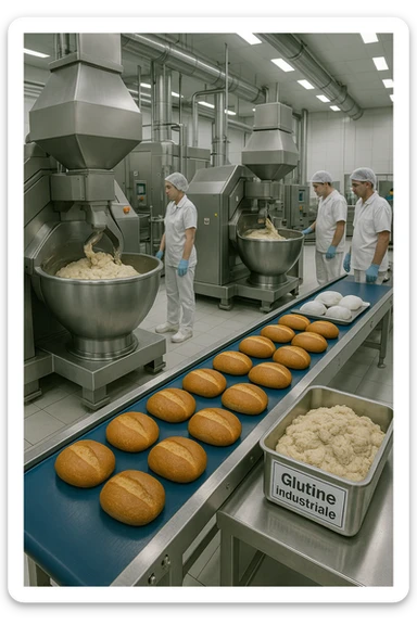 a modern food processing factory interior, with large stainless steel machines mixing and kneading dough. In the foreground, a conveyor belt carries loaves of bread and trays of raw gluten, labeled “Glutine industriale” Workers in uniforms and hairnets monitor the process. The atmosphere is clean, efficient, and slightly clinical. sticker