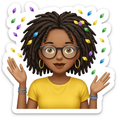 Black female with dark dreadlock hair wearing large round glasses and a yellow top celebrating with confetti sticker