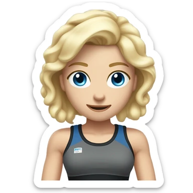 Close up Actively gesturing  with hands Pale skinned Fit woman With the biceps and blonde hair in dark gray Sleeveless Mike, black sports shorts, watch and white Sneakers and Blue Eyes  sticker