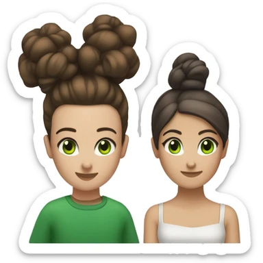 Female Brunette hair up in a bun with brown eyes with a male green eyes and brunette hair next to each other  sticker