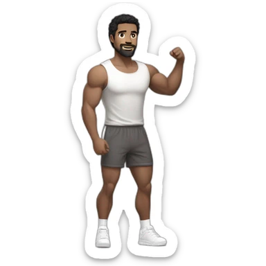 Full height Actively gesturing with hands Pale skinned Fit Man With the biceps and black hair with Bristle in dark gray Sleeveless Mike, brown oversize sports shorts and white Sneakers sticker