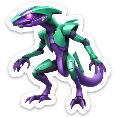 a shiny purple-green Genesect-Raptor-Fakémon—hybrid with a futuristic visor-helmet full body sticker