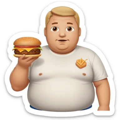 A very fat guy in an Alex Zero T-shirt, holding burgers, gives a like. sticker