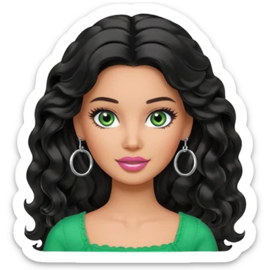 Barbie with olive skin, long black wavy hair and green eyes and silver hoop earrings sticker