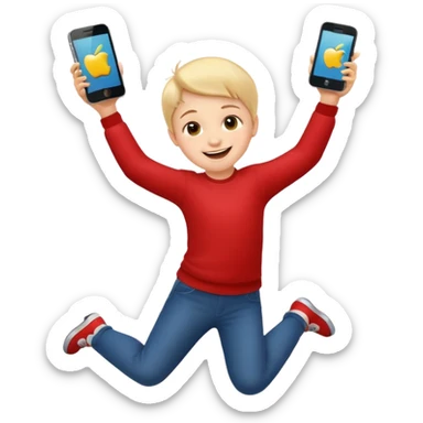 happy child dancing with a phone, jumping in the air, apple style emoji sticker