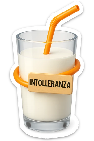 emoji stile iphone di un BICCHIERE DI LATTE CON COLON ATTORCIGLIATO INTORNO, HA UN CARTELLO CON LA SCRITTA "INTOLLERANZA" iperrealistico 4k, isolato su sfondo bianco sticker