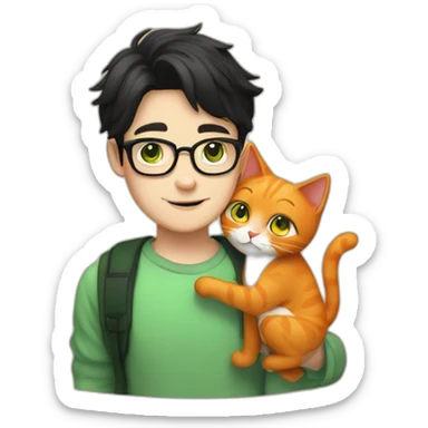 White boy with green eyes, black hair and with glasses hug percian orange cat sticker
