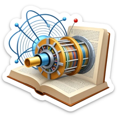 An icon featuring a physics textbook, a large Hadron Collider with particles flying off, symbolizing the study of physics. The design includes atomic models, energy waves, and scientific formulas, representing fundamental physical principles and research. Transparent background. sticker