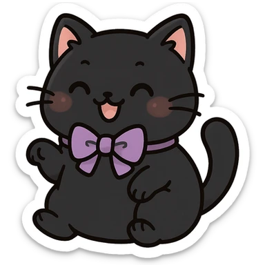 cute chubby cat with a purple bow, black fur, playful expression, kawaii style sticker