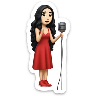 Dua Lipa, full body with long black hair, wearing a long red dress with red shoes, singing with microphone in her hand sticker