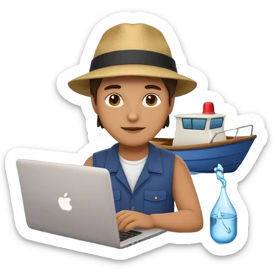 programmer sitting on a dock working on a laptop with water and boats in the background, emoji style sticker