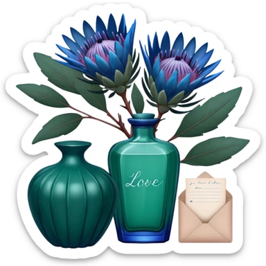 Dark green captivating perfume bottle with blue proteas and a handwritten love letter sticker