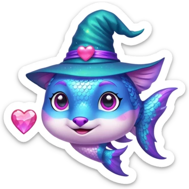 Make the rainbow fish glow with a magical aura and change the blue fox to a neon teal color, keep the purple sparkly witch hat, magical background, and big pink heart in vibrant toon style. sticker