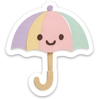 kawaii pastel rainbow umbrella with smiling face, no arms, no legs, full body, soft pastel kawaii paper craft style sticker