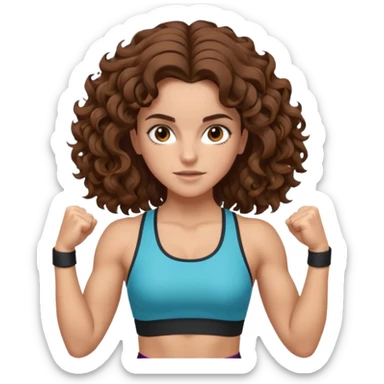 full body, very beautiful italian girl, looking like Emma Watson, with curly and big volume very bright brown hair, workout clothes, flexing muscles

 sticker