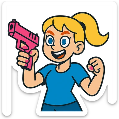white girl, blue eyes, pink nails, holding a pink gun, cartoonish and energetic sticker