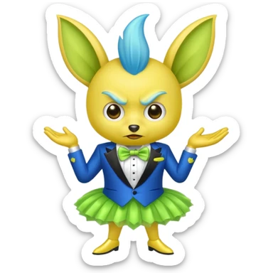 Angry blue banana with ears wearing a sparkly lime green tuxedo and tutu sticker