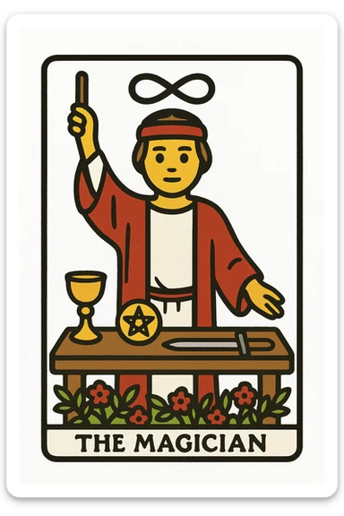 Rider Waite Smith style emoji of The Magician tarot card, mystical figure in red and white robes, classic tarot iconography, compact emoji format, white background sticker