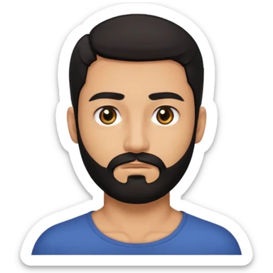 A man with black eyes. With a black beard and medium smooth hair. with the neck sticker