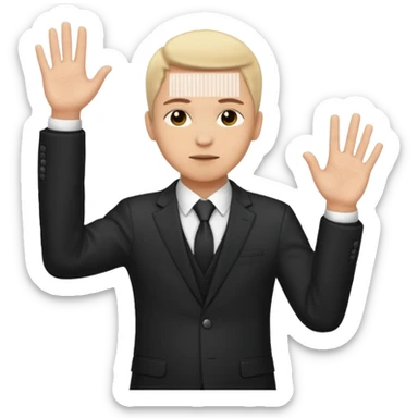 person with both hands up, solemn expression, taking a pledge sticker