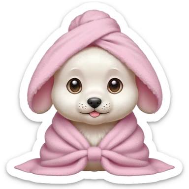 White cute puppy with a light pink towel in her head sticker