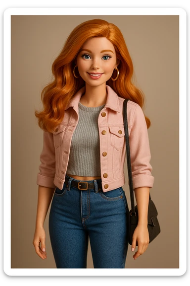 full body ginger-haired Barbie doll, stylish and cheerful, modern fashion, soft lighting sticker