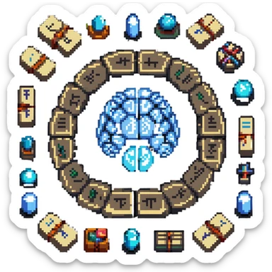 pixel art glowing brain made of crystal hovering above stone tablets with ancient writing surrounded by orbiting runes and global language symbols sticker