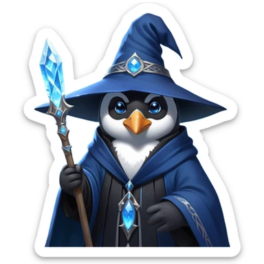 A mysterious penguin mage with sleek midnight-blue feathers, wearing a flowing black robe adorned with silver runes. A tall, pointed wizard hat sits slightly tilted on his head, the brim casting a shadow over his glowing icy-blue eyes. His flipper clutches an ancient wooden staff topped with a swirling crystal, radiating a soft, cold light. Snowflakes drift around him as he stands on a frozen cliff, his aura crackling with arcane energy, ready to summon a blizzard with a flick of his staff. sticker